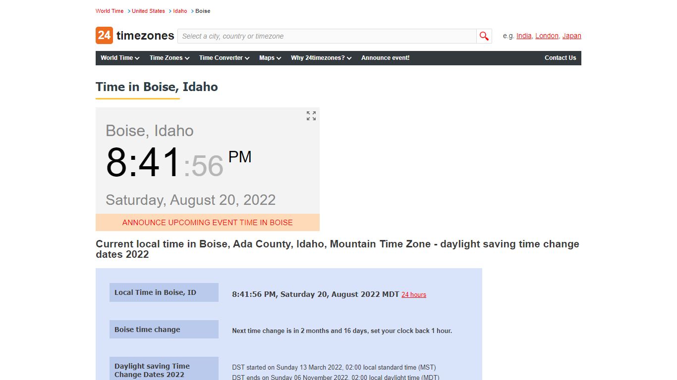 Current local time in Boise, Idaho - 24timezones.com